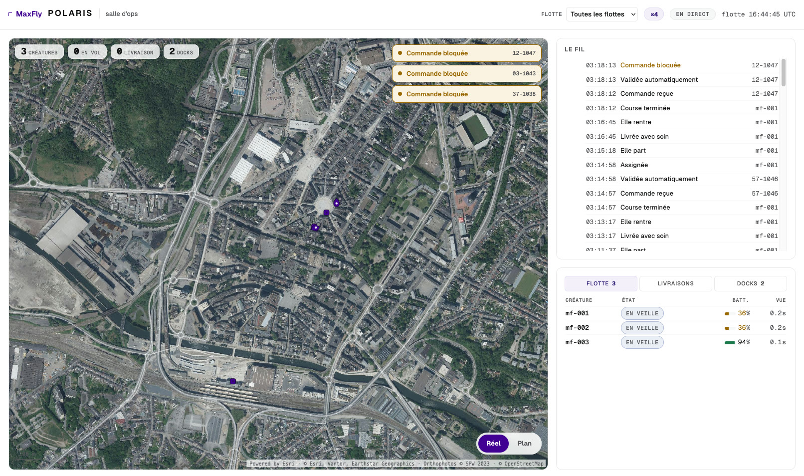 MaxFly Polaris — the ops console over the city (simulation)